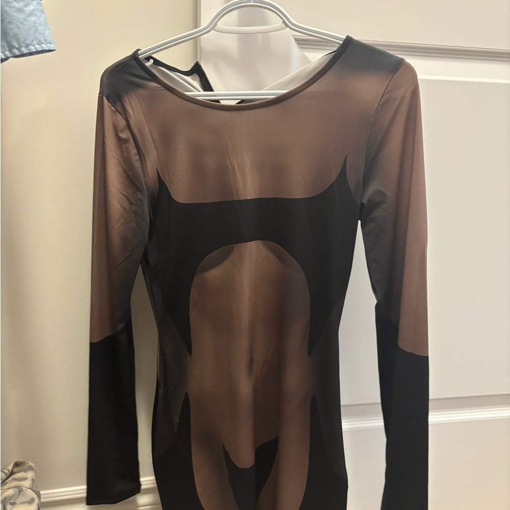 Fashion Nova Black and Brown Bodycon Long Sleeve Dress